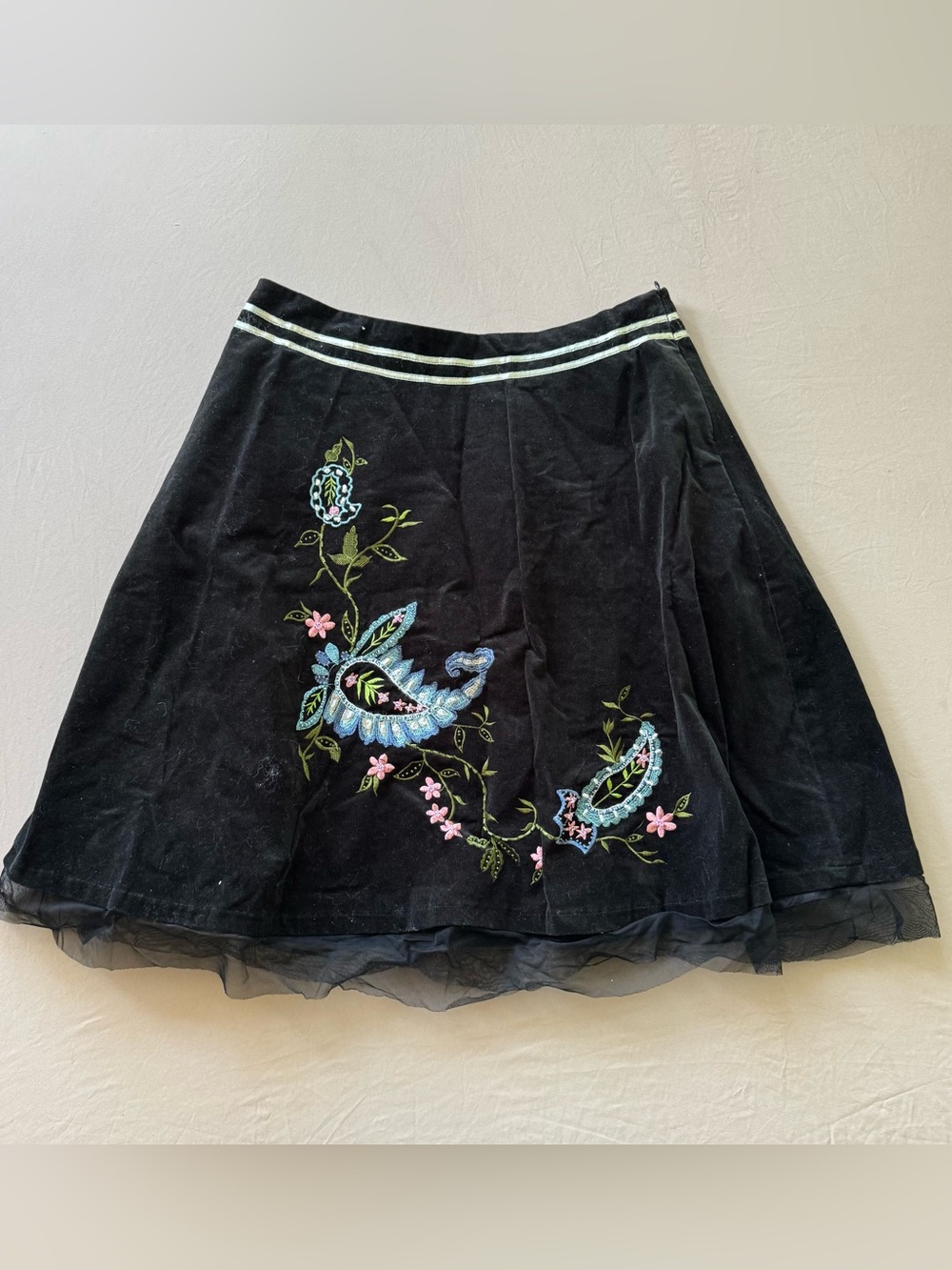 Vintage Basil & Maude Whimsical embroidered floral velvet skirt